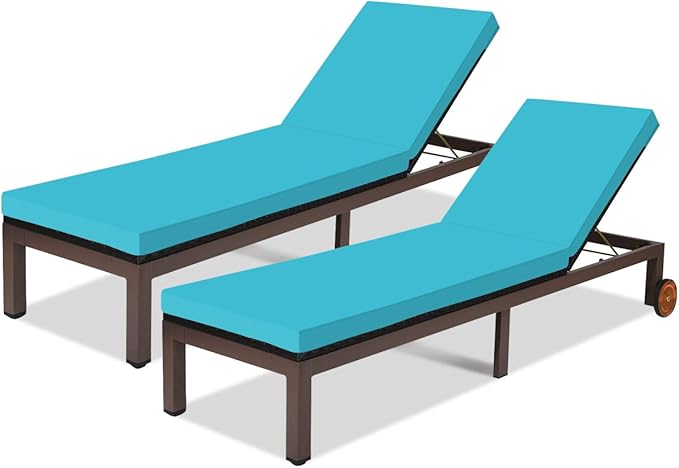 Tangkula Patio Chaise Lounge Chair, Outdoor Rattan Lounger Recliner Chair with Wheels, Wicker Chaise Chair W/Cushioned Seating, Recliner 5-Position Adjustable for Garden Patio Poolside (2, Turquoise)