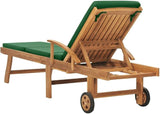 Solid Teak Wood Sun Lounger with Green Cushion, Adjustable Outdoor Chaise Lounge Chair with Wheels for Patio, Poolside - Photo 5