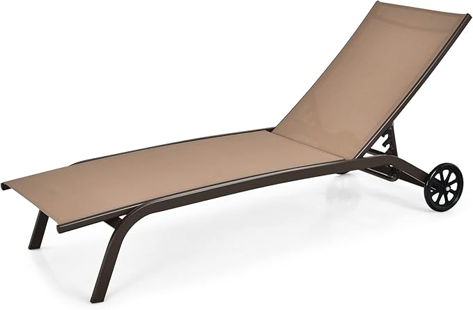 Tangkula Outdoor Chaise Lounge Chair, Patio Lounge Recliner with 6-Position Adjustable Backrest, Breathable Fabric and Smooth Wheels, Outdoor Lounge Chair (1, Brown)