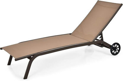 Tangkula Outdoor Chaise Lounge Chair, Patio Lounge Recliner with 6-Position Adjustable Backrest, Breathable Fabric and Smooth Wheels, Outdoor Lounge Chair (1, Brown)