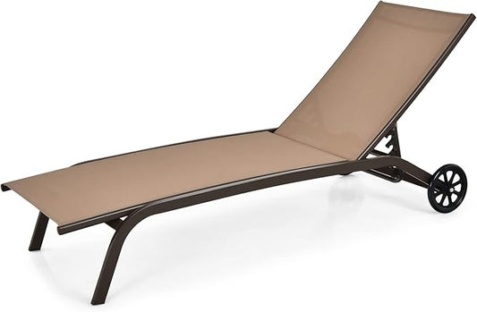 Tangkula Outdoor Chaise Lounge Chair, Patio Lounge Recliner with 6-Position Adjustable Backrest, Breathable Fabric and Smooth Wheels, Outdoor Lounge Chair (1, Brown)