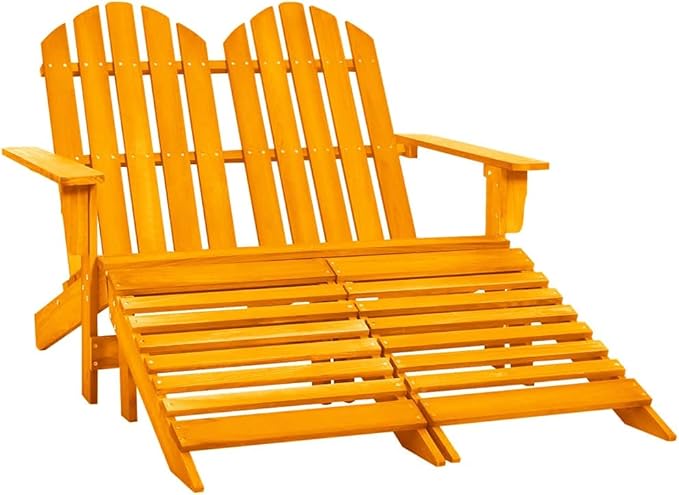 2-Seater Adirondack Garden Chair with Detachable Ottoman, Solid Fir Wood, 58.1 x 47 x 35.2 in, Orange, Outdoor Patio Furniture Set for Porch, Balcony and Terrace