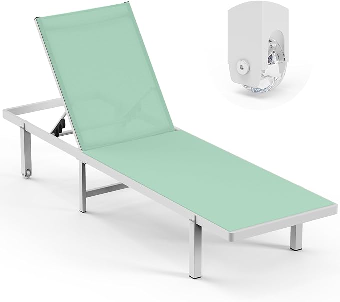 Lounge Chair Outdoor with Wheels, Aluminum Patio Chaise Lounge Chair with 5 Adjustable Backrest - Easy to Move- Pool Lounge Chairs for Deck, Beach, Poolside (LightGreen)