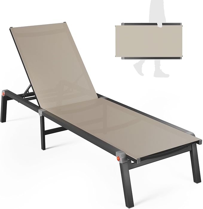 Aluminum Chaise Foldable Patio Lounge Chair Outdoor, Metal Deck Lounger Adjustable 5-Position Recliner Pool Chase Breathable Full Flat Outside Sun Tanning Chairs for Beach/Poolside/Lawn(Khaki, 1 Pack)