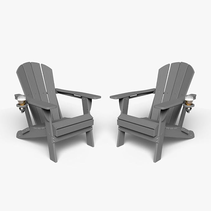 Folding Adirondack Chair with Cup Holders Set of 2, HDPE Plastic Outdoor Chairs, Weather Resistant, Real Wood Look for Patio, Deck, Fire Pit, Backyard, Gray