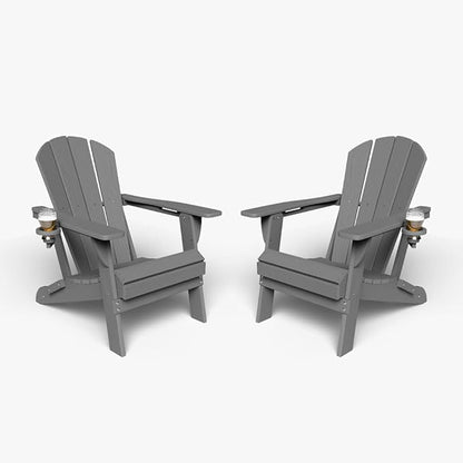 Folding Adirondack Chair with Cup Holders Set of 2, HDPE Plastic Outdoor Chairs, Weather Resistant, Real Wood Look for Patio, Deck, Fire Pit, Backyard, Gray