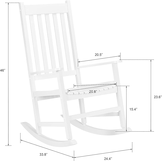 White Wooden Rocking Chair – 68.5 × 86 × 115 cm Comfortable Porch & Patio Rocker with Classic Design for Home, Garden & Living Room Seating