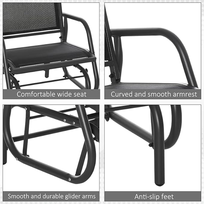 Outsunny Porch Glider Set of 2, Metal Frame Swing Glider Chair with Breathable Mesh Fabric, Curved Armrests and Steel Frame for Garden, Poolside, Backyard, Balcony, Black