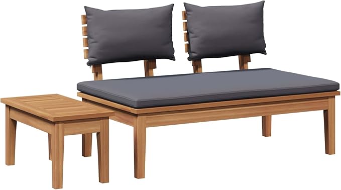 Garden Bench Set 2 pcs Grey and Brown Solid Teak Wood Modern Rectangular Design for Garden and Patio Use
