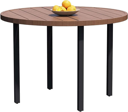 42" Round Patio Dining Table for 4, All-Weather Metal Patio Table with Umbrella Hole, Outdoor Round Dining Table for Lawn Garden Porch, Walnut,