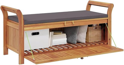 Solid Acacia Wood Garden Storage Bench with Dark Grey Cushion, Rectangular Patio Furniture with Under Seat Storage, Outdoor Seating for Garden Balcony Porch, Brown Oiled Finish, Holds 242.5 lb