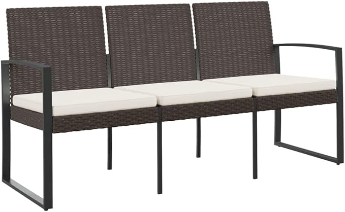 3-Seater Garden Bench Brown 22.4"x60"x30.5" PP Rattan Look Outdoor Bench for Patio Porch Balcony Park with Powder-Coated Steel Frame, Removable Cushions, Seats 3 up to 727 lbs