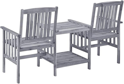 Rustic Garden Bistro Set with Double Chair and Tea Table in Grey Finish and Cream Cushions, Durable Acacia Wood Outdoor Furniture for Patio Dining and Relaxation