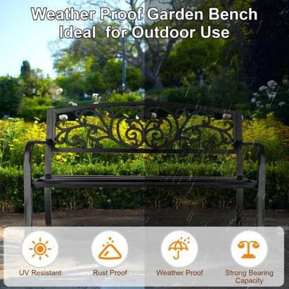 50" Outdoor Garden Bench, Patio Furniture Metal Outdoor Chair with Steel Frame, Weather Proof 2-Person Outdoor Loveseat with Butterfly Backrest for Park, Porch, Pool, Backyard