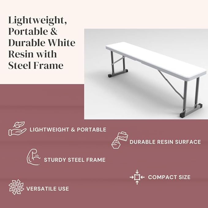 2.75ft Plastic Folding Bench – Lightweight and Portable White Resin with Durable Steel Frame, 33”x8”x16” - (Pack of 2, White, 2.75 Feet)