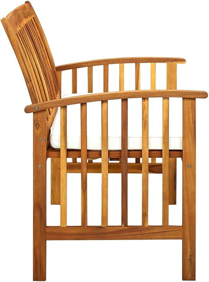 Solid Wood Garden Bench Outdoor 2-Seater Brown with Cream Cushion, Rustic Acacia Wood Patio Bench for Porch Backyard Deck Balcony