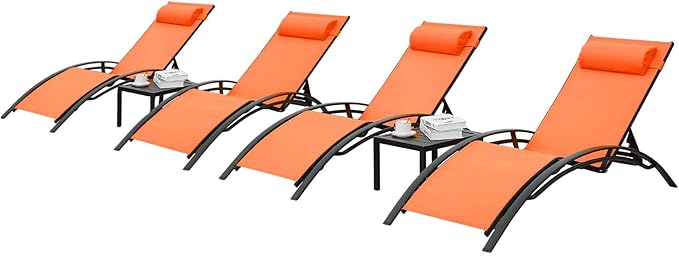 AthLike 3 pcs Poolchairs Patio Chaise Lounge Set with Headrest, 5-Level Adjustable Sunbathing Tanning Poolside Lounger Recliner Chairs with Side Table for Outdoor Beach (Orange, 4Chairs and 2Tables)