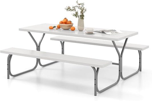 Giantex Picnic Table 6FT for 8 Person, Outdoor Table Set w/ 2 Benches, All-Weather HDPE Rectangular Tabletop, Heavy Duty Metal Legs, Umbrella Hole, for Patio Yard Lawn Party (White)