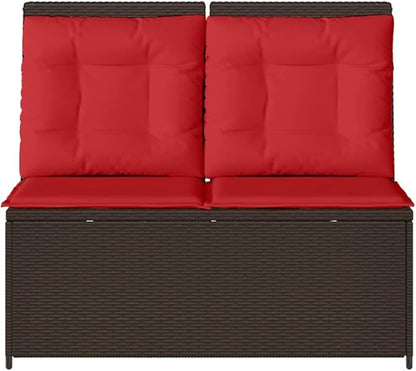 Reclining Patio Bench with Cushions, Outdoor Garden Loveseat, Adjustable Backrest PE Rattan Seating for Backyard, Porch, Deck, Brown