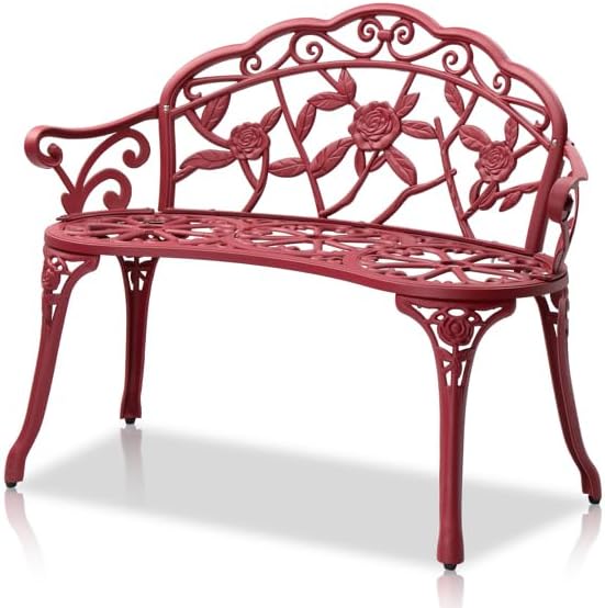 Outdoor Cast Aluminum Garden Bench for Patio or Porch, Red Antique Vintage Rose Design Seat with Iron Legs, Weatherproof Outdoor Furniture