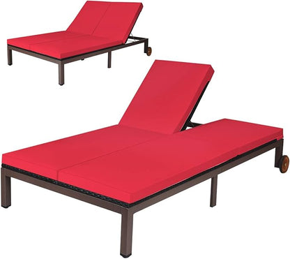 COSTWAY 2-Person Patio Rattan Lounge Chair Chaise Recliner Adjustable Cushion