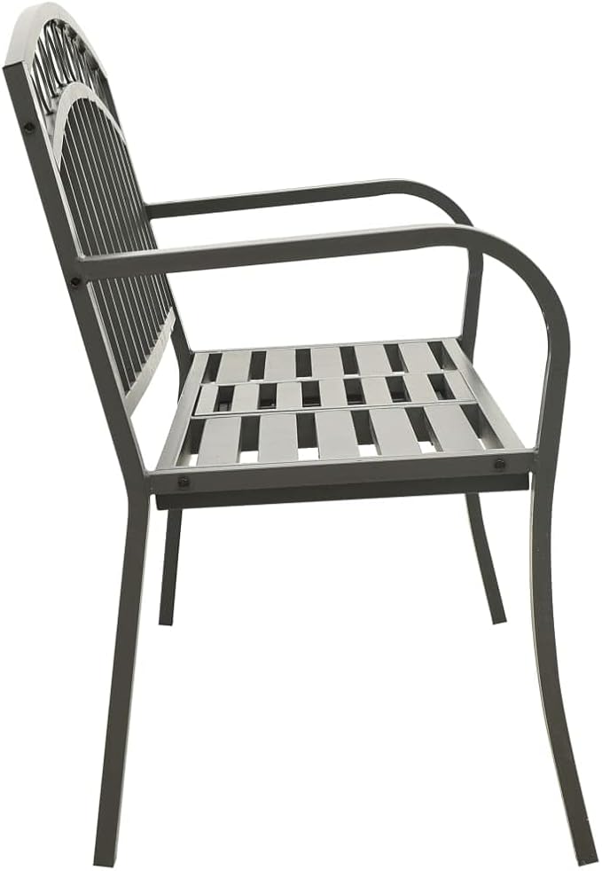 Grey Powder-Coated Steel Garden Bench with Table, Medium Durable Outdoor Seating for Patio and Garden, Weather-Resistant Comfortable Furniture for Relaxing and Socializing