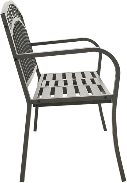Grey Powder-Coated Steel Garden Bench with Table, Medium Durable Outdoor Seating for Patio and Garden, Weather-Resistant Comfortable Furniture for Relaxing and Socializing