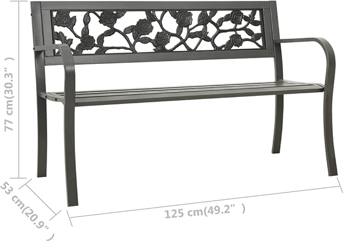 Vintage Rose Pattern Garden Bench 3-Seater Classic Seating for Outdoor Spaces Powder-Coated Steel Patio Furniture