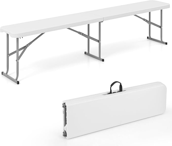 Giantex 6 Feet Plastic Folding Bench, Portable Picnic Seat for BBQ Party Camping Dining, HDPE Top, Metal Frame, Indoor Outdoor Fold-in-Half Bench for Garden Entertainment Activities Sport Events