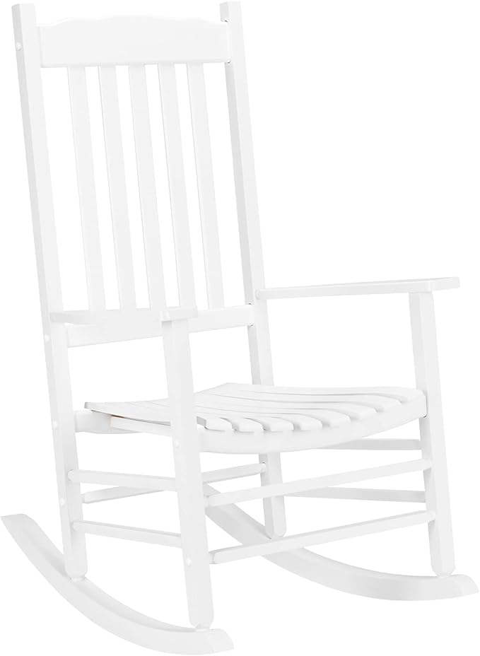 Wooden Rocking Chair Outdoor with High Back,Wood Porch Rocker,Perfect for Indoor or Outdoor All Weather Porch Rocker for Garden,Lawn,Balcony,Backyard and Patio Porch Rocker Use(White)