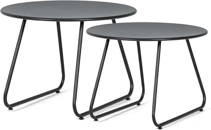 Athena Collection Small Round Outdoor Side Table Set of 2, Waterproof Metal Nested Outdoor Patio End Table Weather Resistant for Indoor, Outside, Bistro, Balcony, Garden, Black