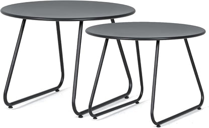 Athena Collection Small Round Outdoor Side Table Set of 2, Waterproof Metal Nested Outdoor Patio End Table Weather Resistant for Indoor, Outside, Bistro, Balcony, Garden, Black