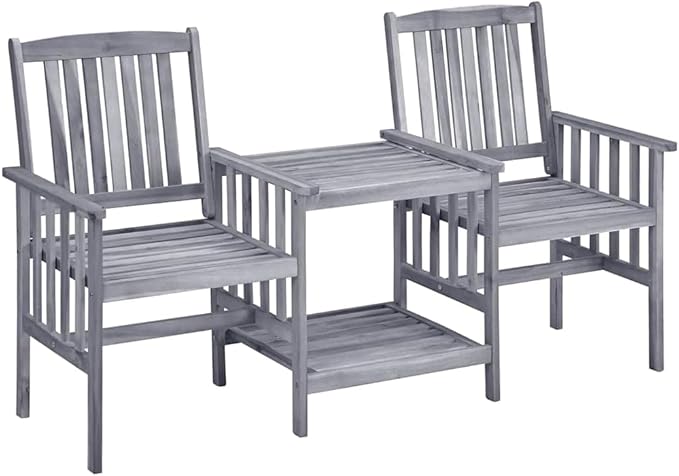 Gray Solid Acacia Wood Garden Chair with Built-in Tea Table Medium Size Outdoor Furniture Set for Patio Balcony Rustic - Photo 2