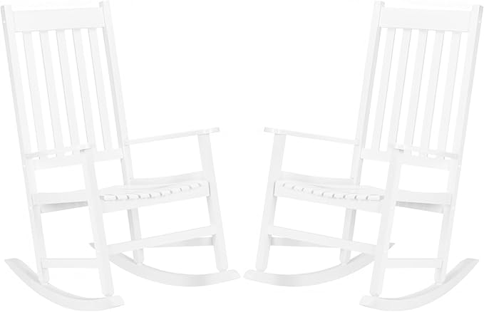 Outdoor Rocking Chairs Set of 2,Wood Porch Rocker for Adult,High Back Leisure Chair for Garden, Porch, Backyard, Poolside,250 Lb Heavy Duty Lounge Chair,Mecedora De Exterior,White 2 Pcs