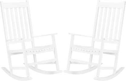 Outdoor Rocking Chairs Set of 2,Wood Porch Rocker for Adult,High Back Leisure Chair for Garden, Porch, Backyard, Poolside,250 Lb Heavy Duty Lounge Chair,Mecedora De Exterior,White 2 Pcs