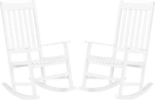Outdoor Rocking Chairs Set of 2,Wood Porch Rocker for Adult,High Back Leisure Chair for Garden, Porch, Backyard, Poolside,250 Lb Heavy Duty Lounge Chair,Mecedora De Exterior,White 2 Pcs