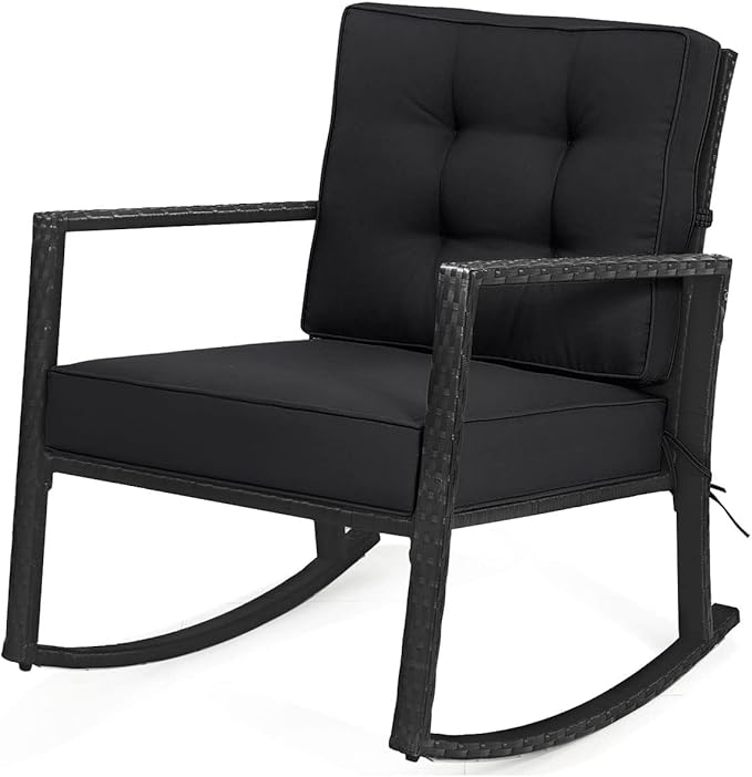 HAPPYGRILL Wicker Rocking Chair, Outdoor Patio Glider Chair with Heavy-Duty Frame, Thick Cushion, Rattan Rocking Chair for Backyard Garden Porch