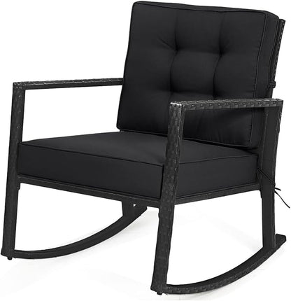 HAPPYGRILL Wicker Rocking Chair, Outdoor Patio Glider Chair with Heavy-Duty Frame, Thick Cushion, Rattan Rocking Chair for Backyard Garden Porch