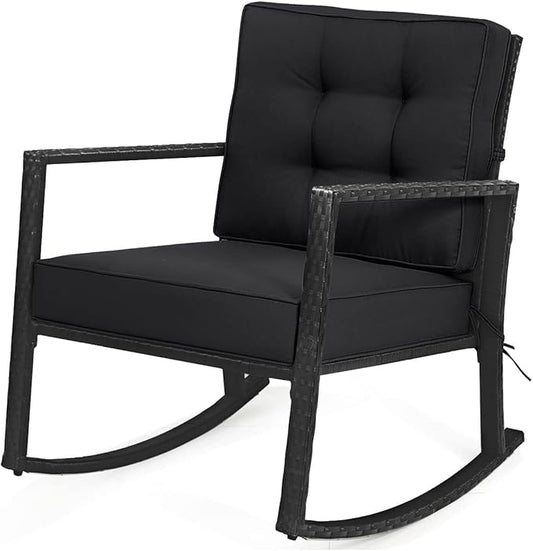HAPPYGRILL Wicker Rocking Chair, Outdoor Patio Glider Chair with Heavy-Duty Frame, Thick Cushion, Rattan Rocking Chair for Backyard Garden Porch