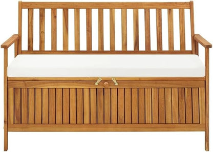 BOWERY HILL Solid Acacia Wood Cushion Storage Bench, Natural Finish, Rectangular 47.2 x 47.2 x 33.1 in, Indoor/Outdoor Use, Rustic Style, Hallway or Garden Seating with Hidden Storage