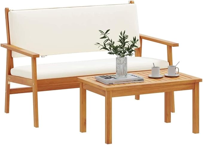 vidaXL Cream White Outdoor Bench Set with Cushions Acacia Wood Patio Furniture for Balcony and Garden Comfortable Seating 2 People Stylish Coffee Table Cozy Cushioned Modern Design Living Space.
