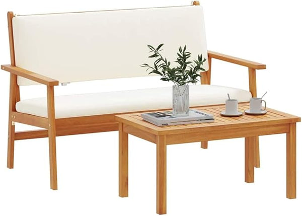 vidaXL Cream White Outdoor Bench Set with Cushions Acacia Wood Patio Furniture for Balcony and Garden Comfortable - Photo 1