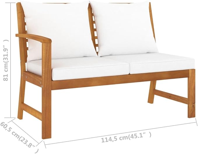 45.1" Acacia Wood Patio Bench with Cream Cushions, Outdoor Sectional Sofa for Backyard Garden Porch - Photo 2