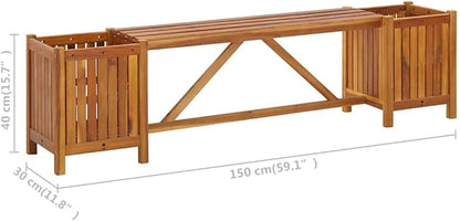 Light Brown Solid Acacia Wood Garden Bench with Two Integrated Planter Boxes, Durable Outdoor Seating for Patio Balcony, Rustic Charm Comfortable Two-Person Bench