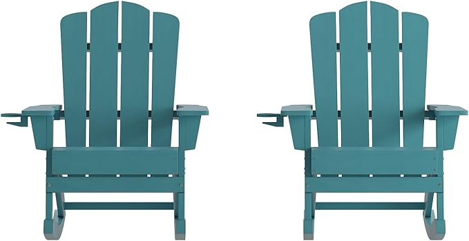 Flash Furniture Newport Adirondack Rocking Chairs with Cup Holder, Weather Resistant Poly Resin Adirondack Rocking Chairs, Set of 2, Blue