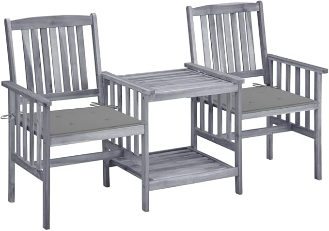 Grey Solid Acacia Wood Garden Chair Set with Tea Table and Removable Cushions, 2 Chairs and Matching Table for Outdoor Patio Furniture, Durable Rustic Design with Built-in