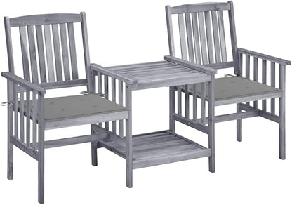 Grey Solid Acacia Wood Garden Chair Set with Tea Table and Removable Cushions, 2 Chairs and Matching Table for Outdoor Patio Furniture, Durable Rustic Design with Built-in
