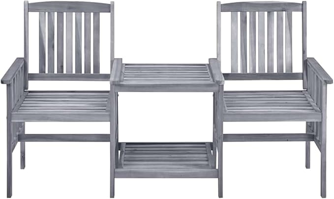 Gray Solid Acacia Wood Garden Chair with Built-in Tea Table Medium Size Outdoor Furniture Set for Patio Balcony Rustic - Photo 4