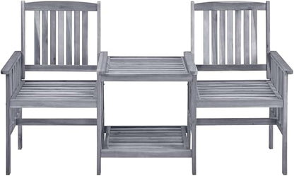 Grey Acacia Wood Garden Chair Set with Tea Table, 2 Chairs and Removable Cushions, Weather-Resistant Outdoor Furniture for Patio, Rustic Design Comfortable Seating