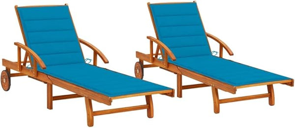 Solid Acacia Wood Outdoor Sun Lounger Set of 2 with Blue Cushions, Adjustable Backrest & Wheels - Photo 1